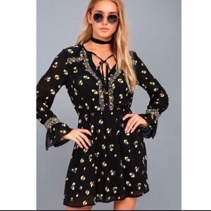 Lulus Freshly Picked Black Floral Long Sleeve Mini Ruffle Dress, Size Small